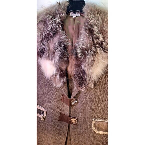 VTG 60s/70s Becca Wool Tweed Jacket Large Brown Coat with Fur Collar - Picture 5 of 9